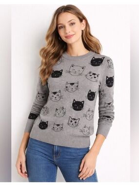 Anthropologie Calligraphie Gray Cat Print Graphic Sweater Medium Boho Chic